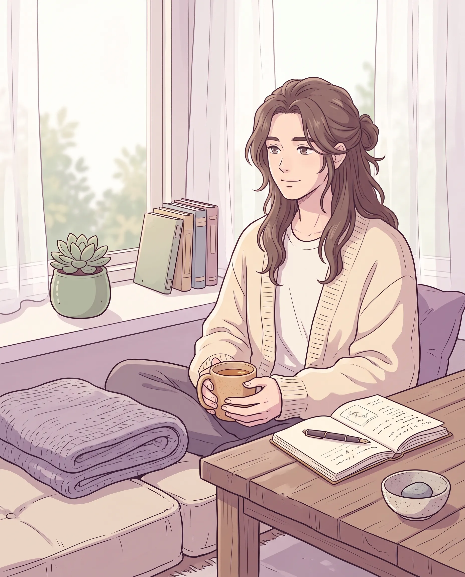 Ilustración pastel de un diario abierto con una pluma, una taza de té humeante y una planta pequeña