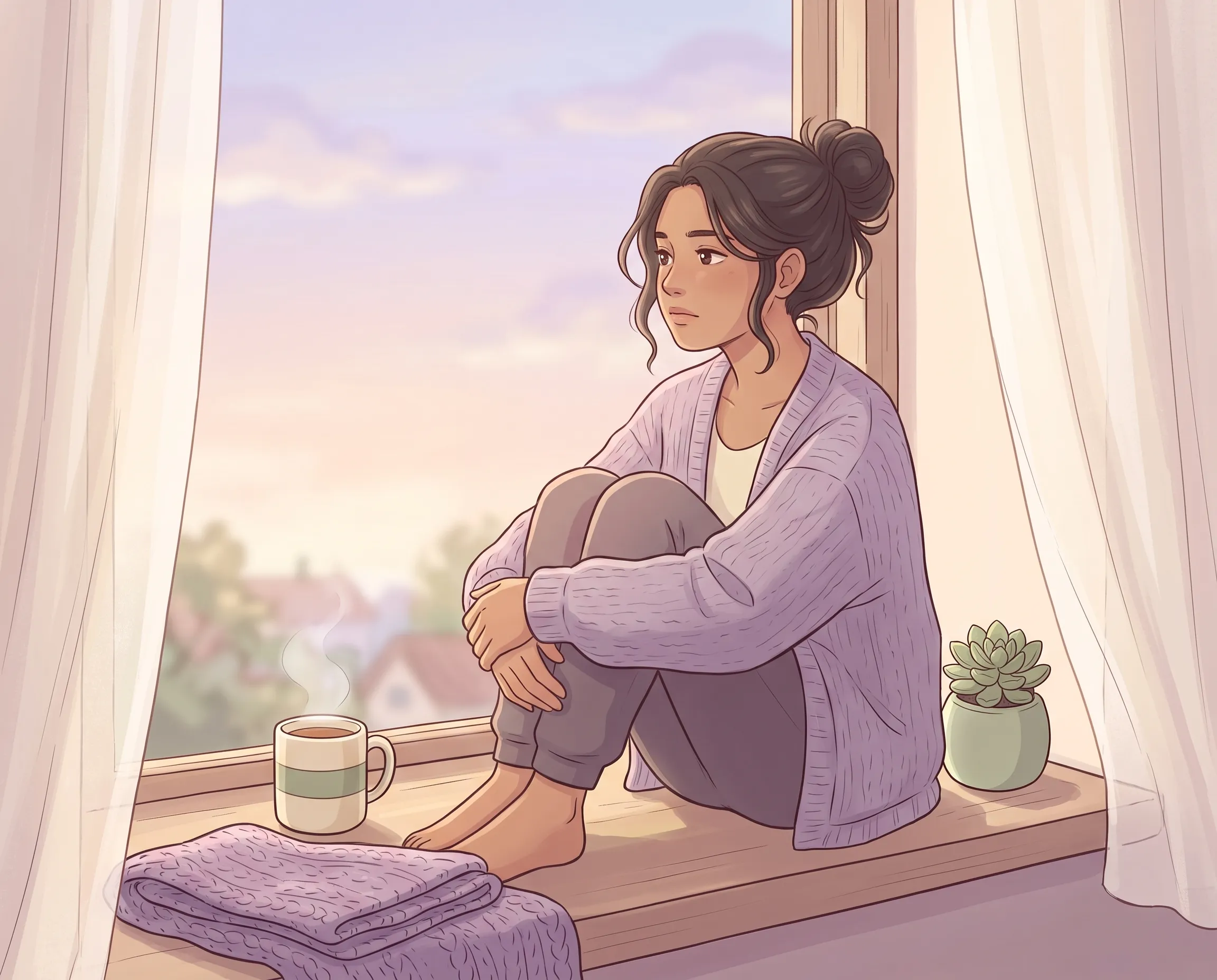 Ilustración pastel de una persona joven sentada en la ventana abrazando sus rodillas al atardecer