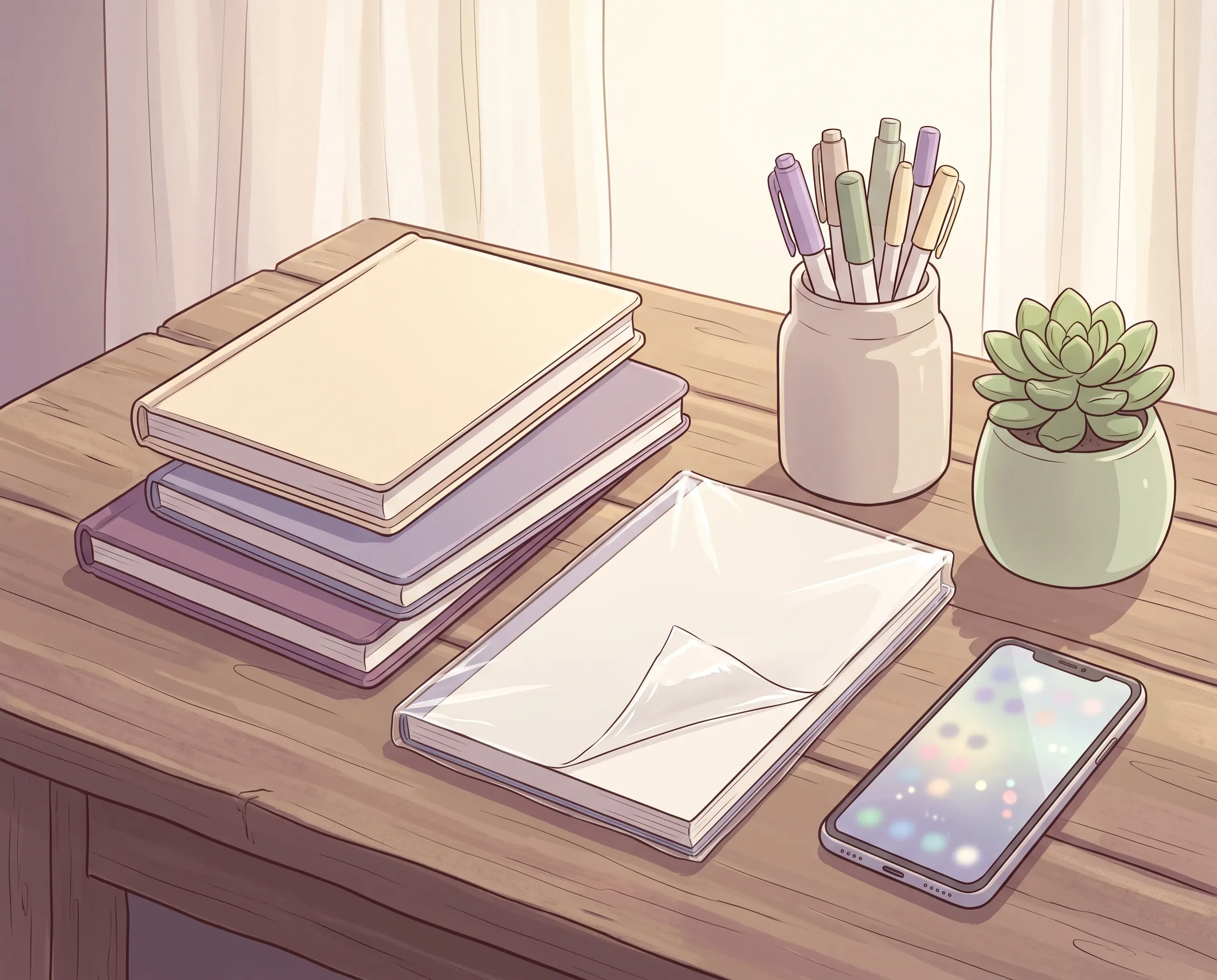 Ilustración pastel de un escritorio con agendas nuevas apiladas y una planta pequeña