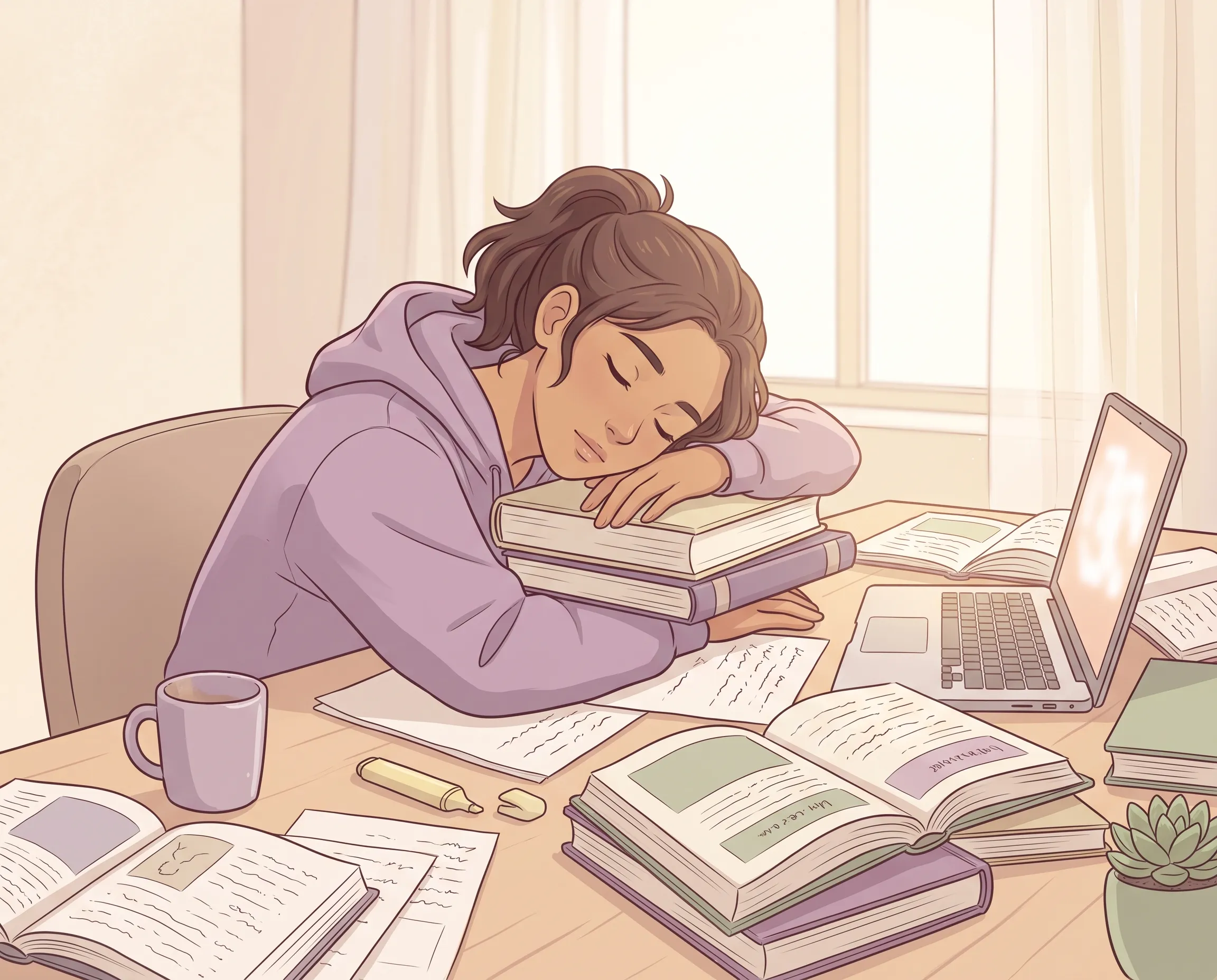 Ilustración pastel de una persona joven descansando la cabeza sobre libros abiertos