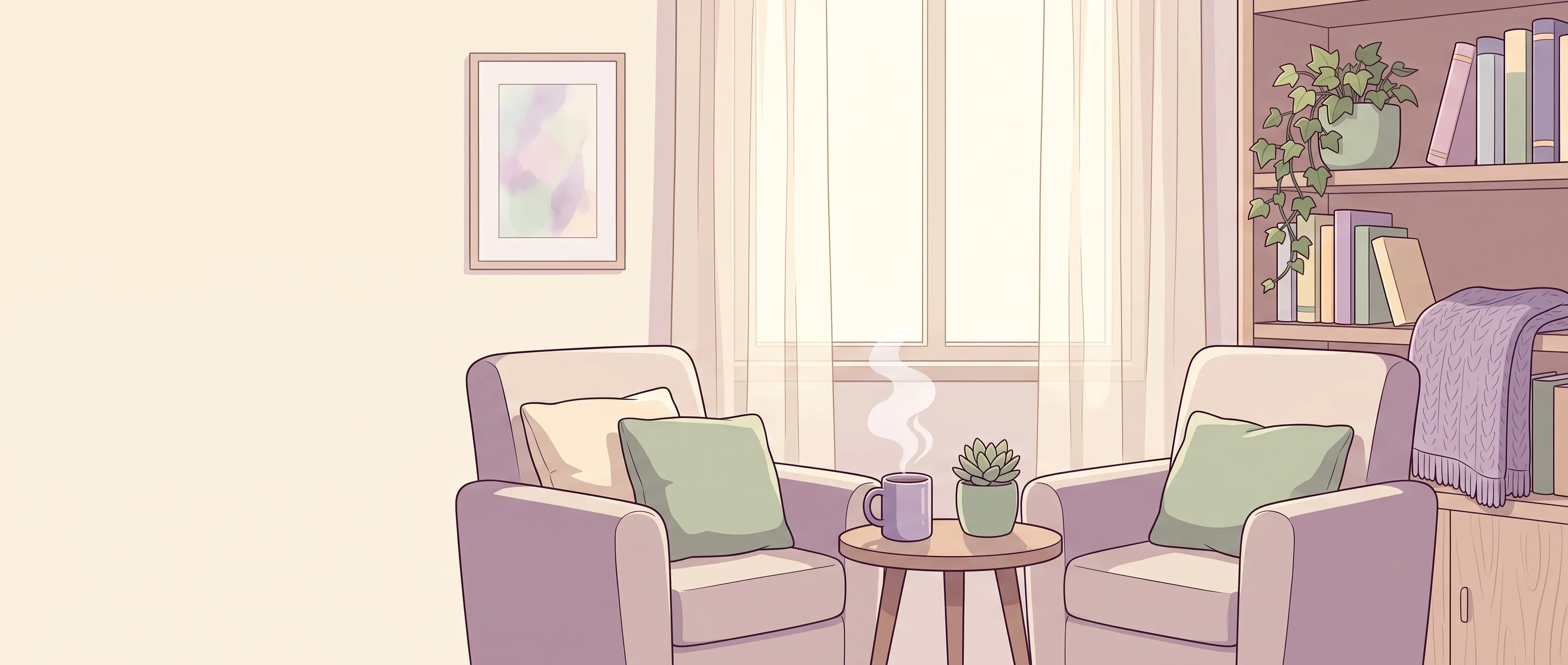 Ilustración pastel de un espacio de terapia cálido con dos sillones y luz suave