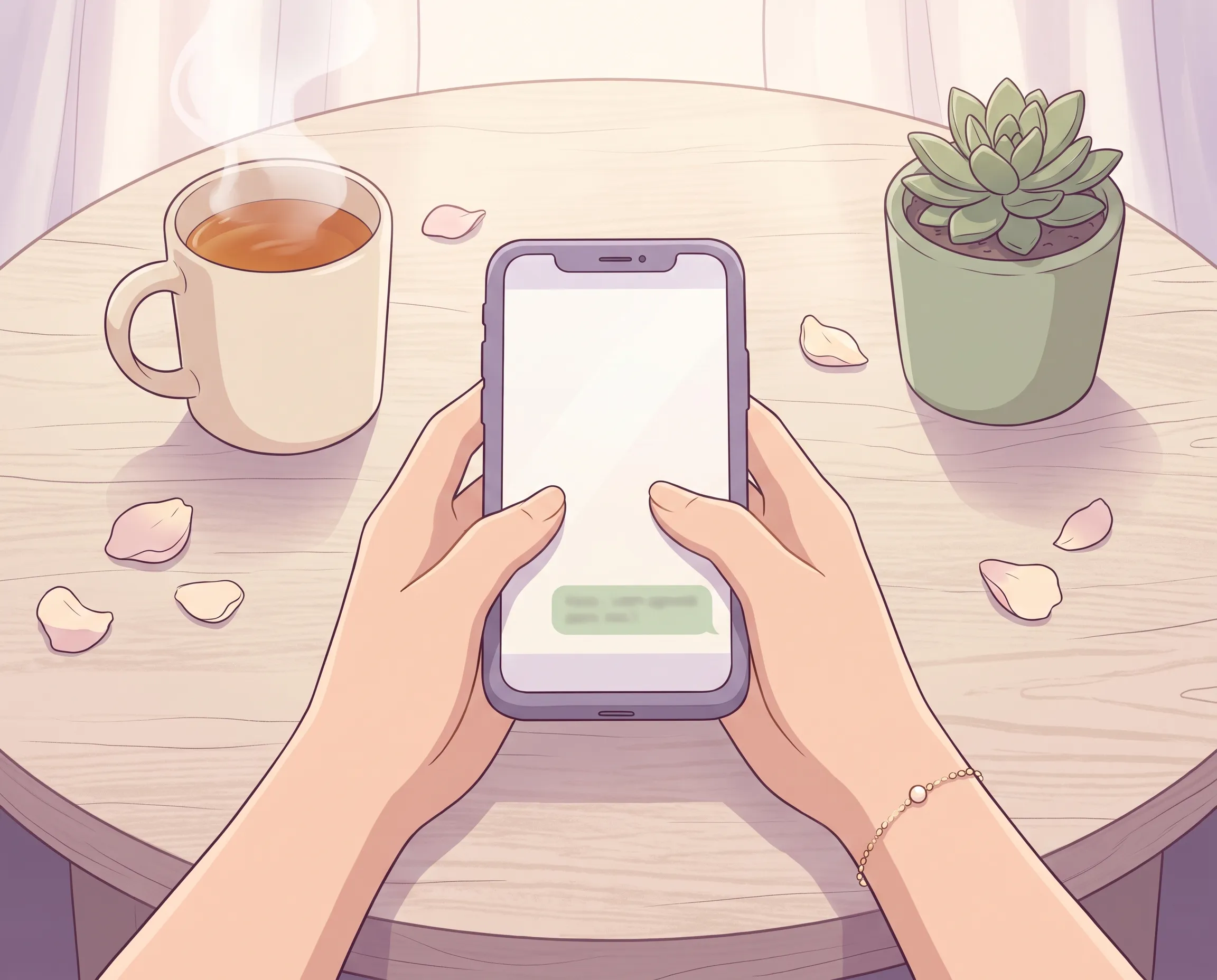 Ilustración pastel de dos manos sosteniendo un celular con una burbuja de mensaje verde