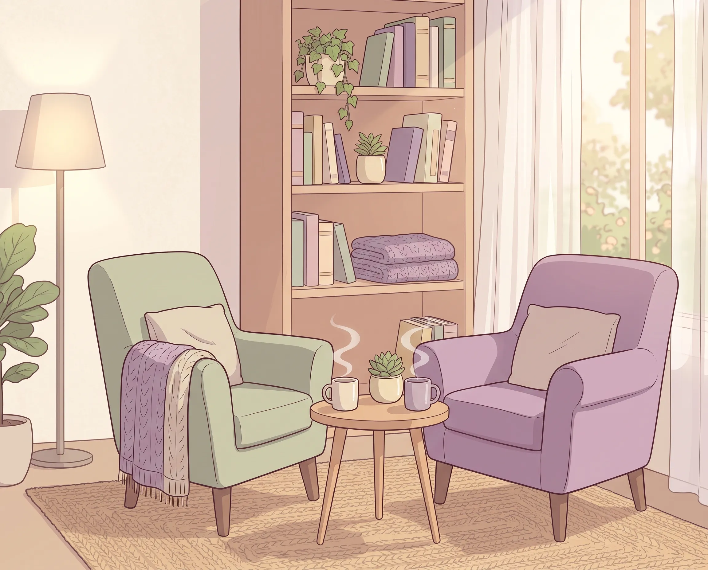 Ilustración pastel de dos sillones acogedores frente a frente con una mesa pequeña entre ellos