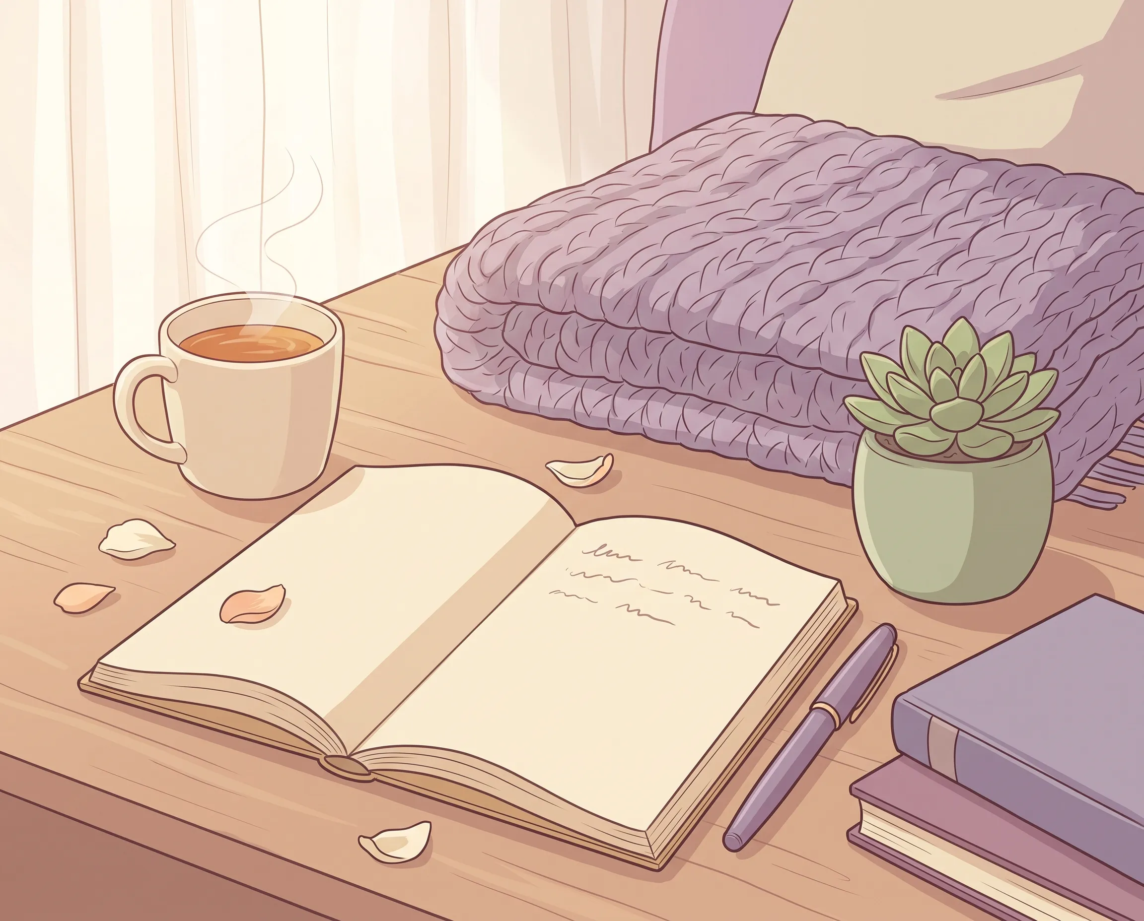 Ilustración pastel de un diario abierto con una pluma, una taza de té y una manta doblada